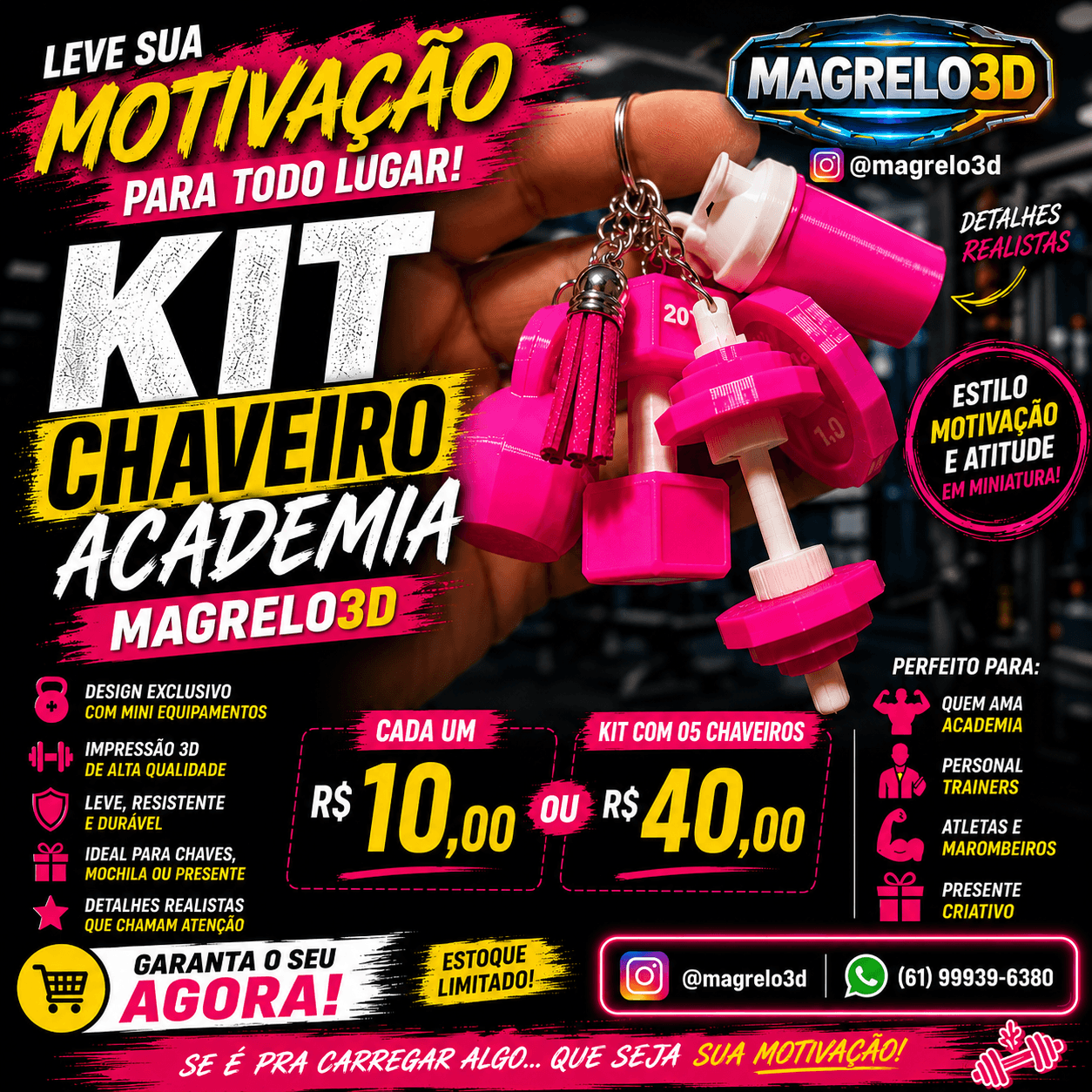 Chaveiro Academia Cores Personalizadas – Kit Fitness