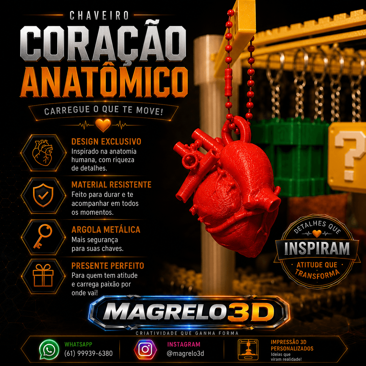 ❤️ Chaveiro Coração Anatômico 3D