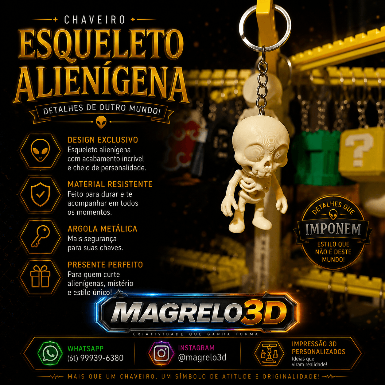 💀 Chaveiro Esqueleto Alienígena Articulado 3D