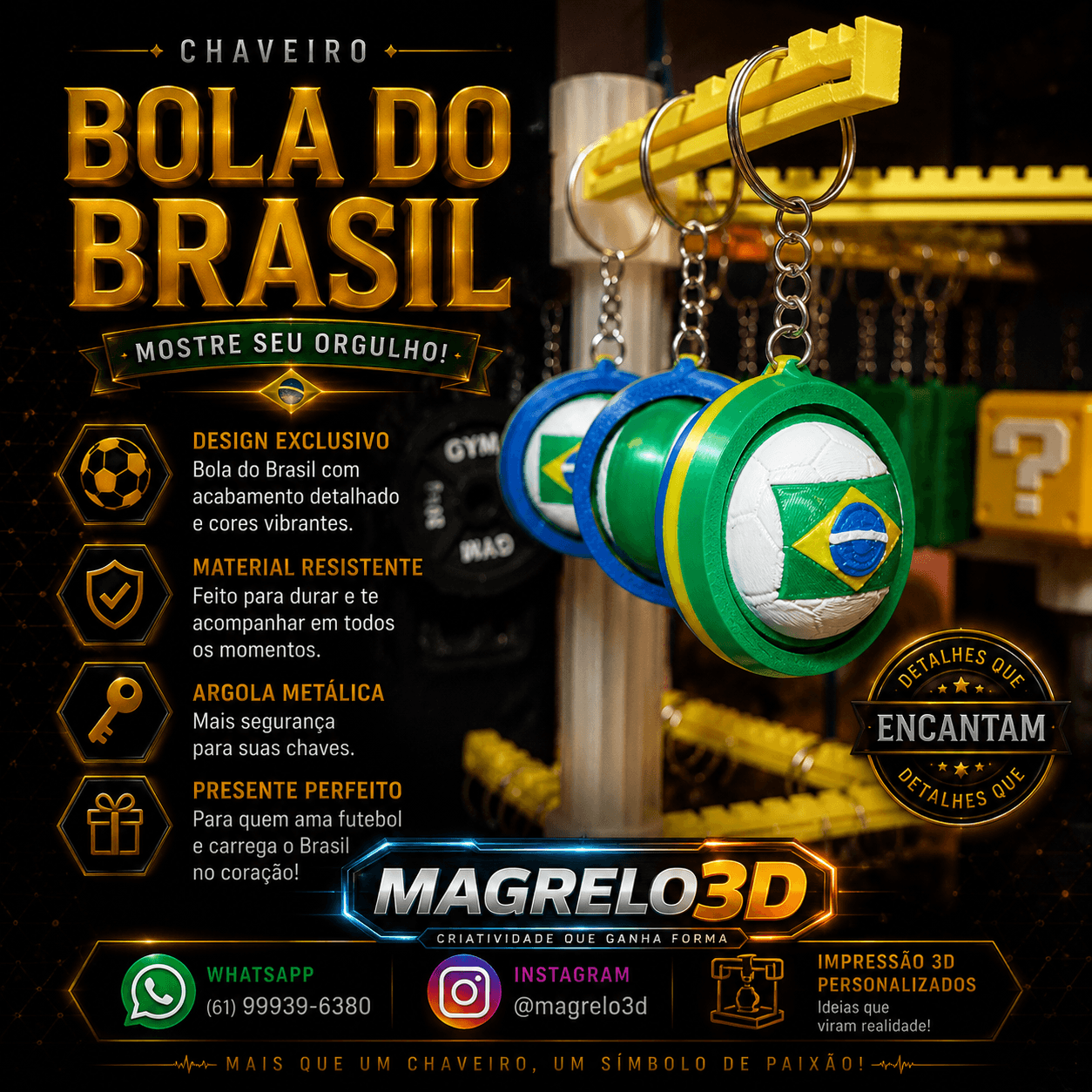 ⚽ Chaveiro Bola Giratória Brasil 3D 💚💛