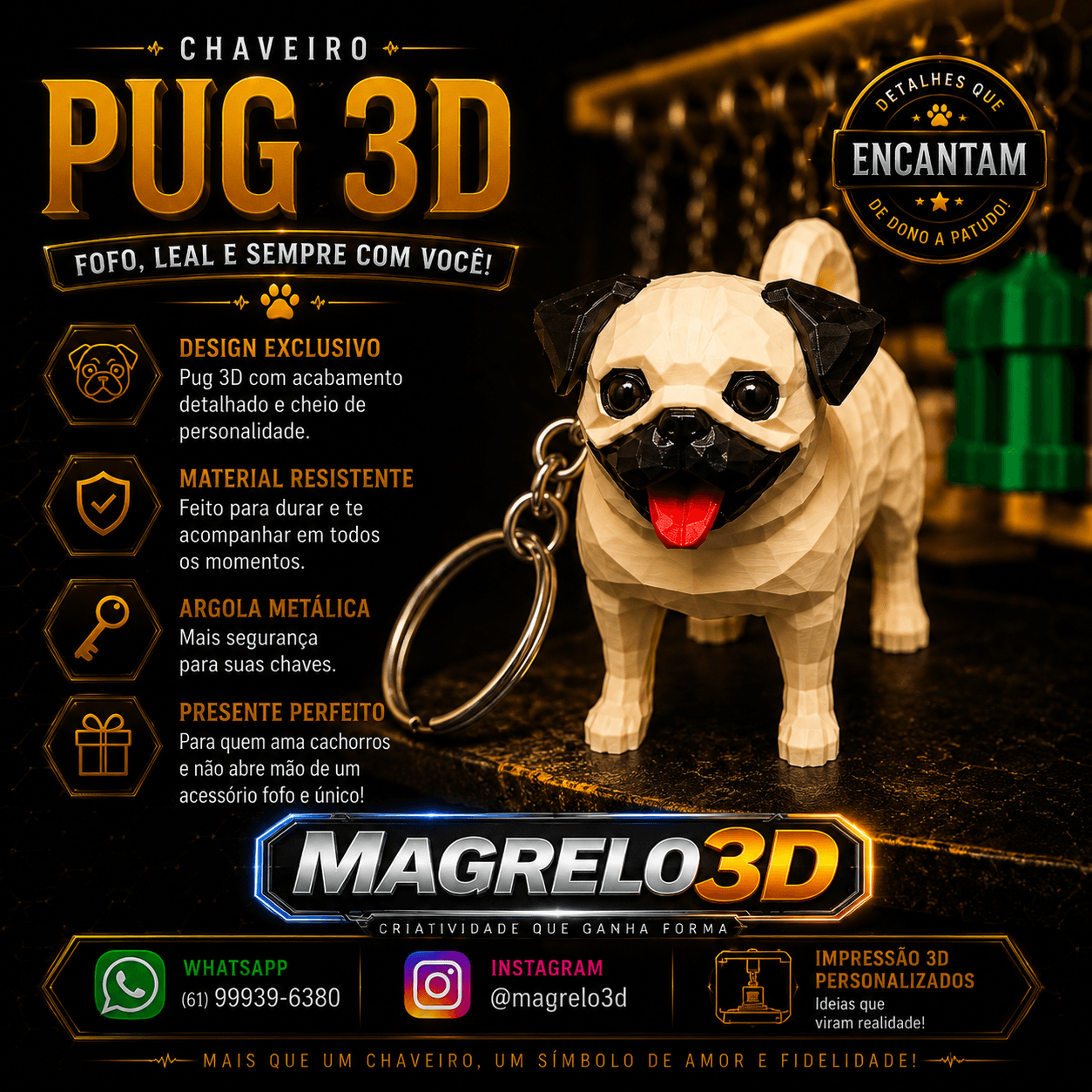 🐶 Chaveiro Pug 3D Fofo 🐾