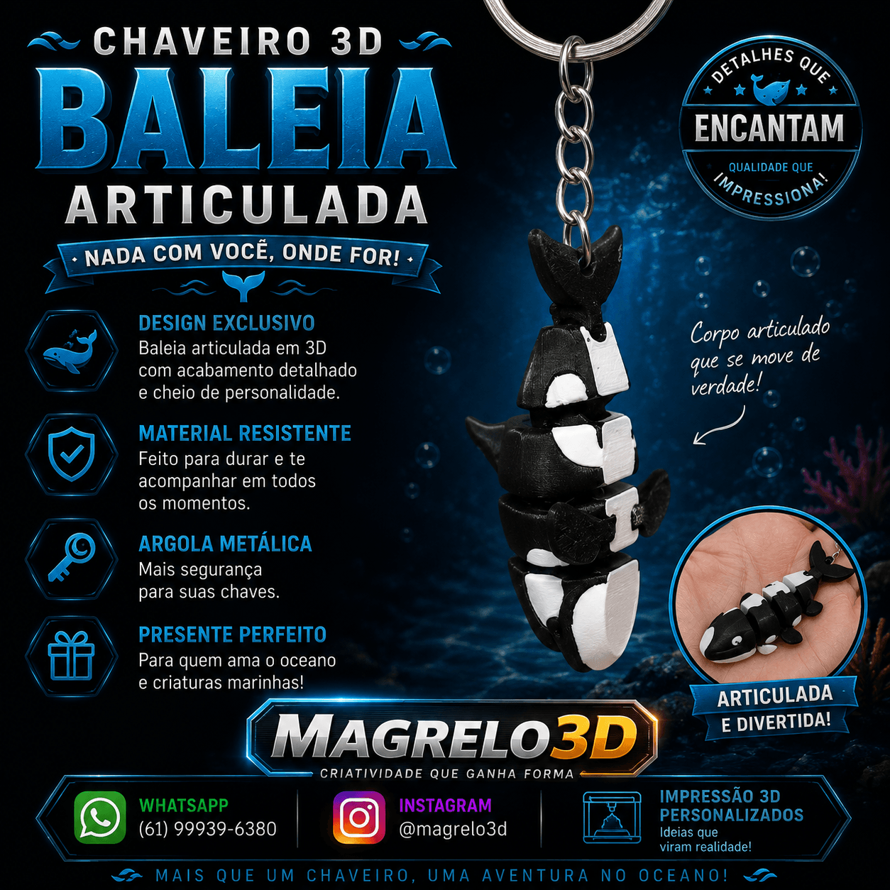 🐋 Chaveiro Baleia Articulada 3D 🌊