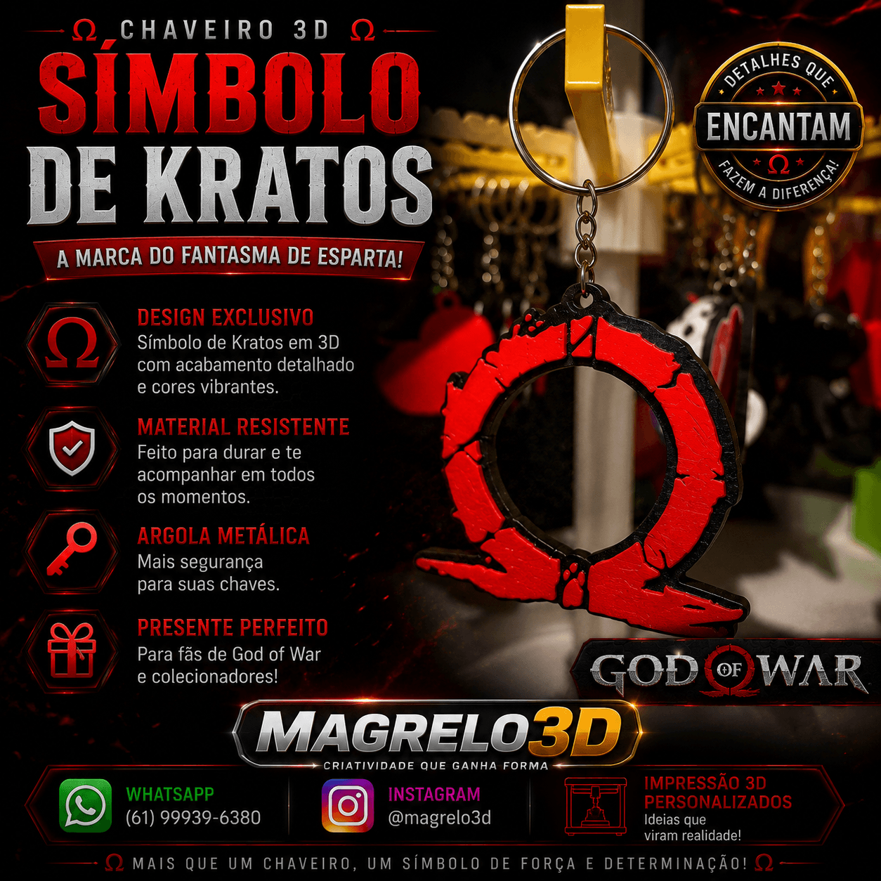 🔴⚔️ Chaveiro Símbolo de Kratos 3D 🔥