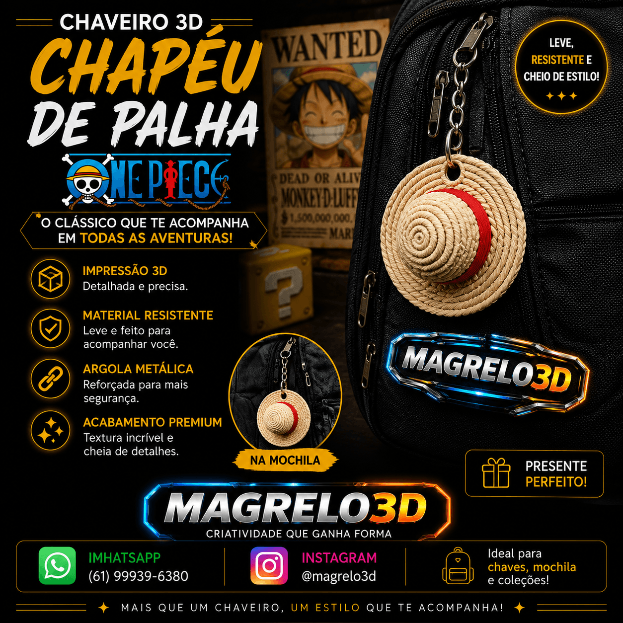 🏴☠️👒 Chaveiro Chapéu de Palha Luffy - One Piece ⚓
