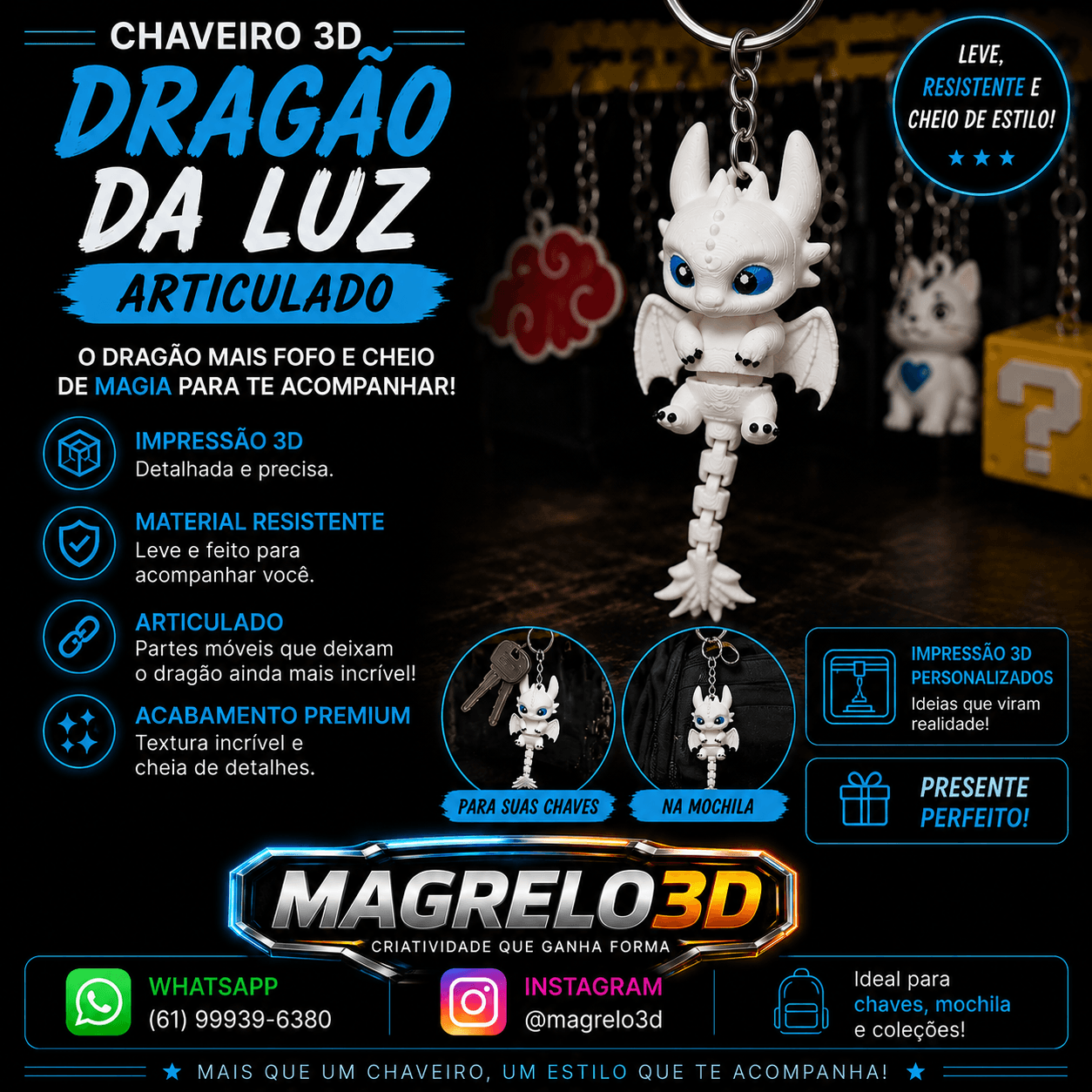 🐉✨ Chaveiro Dragão Fúria da Luz Articulado 💙 — foto 1 de 2