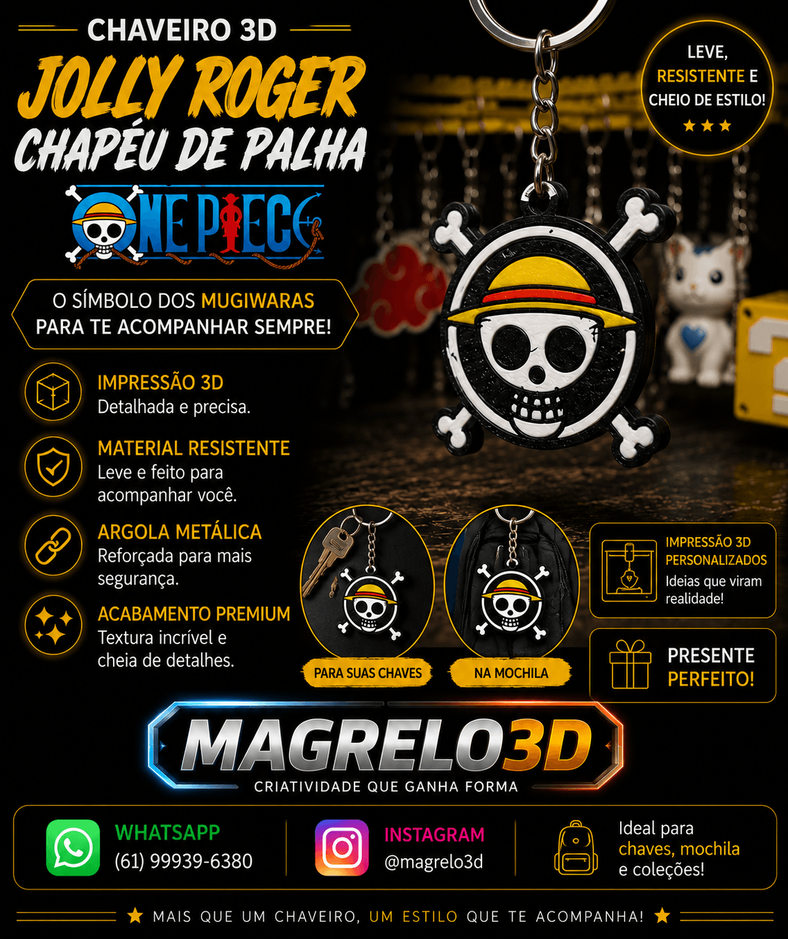 💀👒 Chaveiro Jolly Roger 3D – Estilo Pirata! 🏴☠️