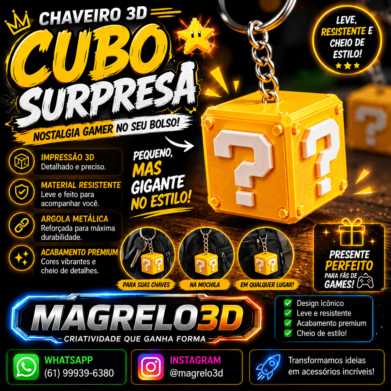 🎮 Chaveiro Cubo Mario – Nostalgia Gamer no Seu Bolso! 🟨